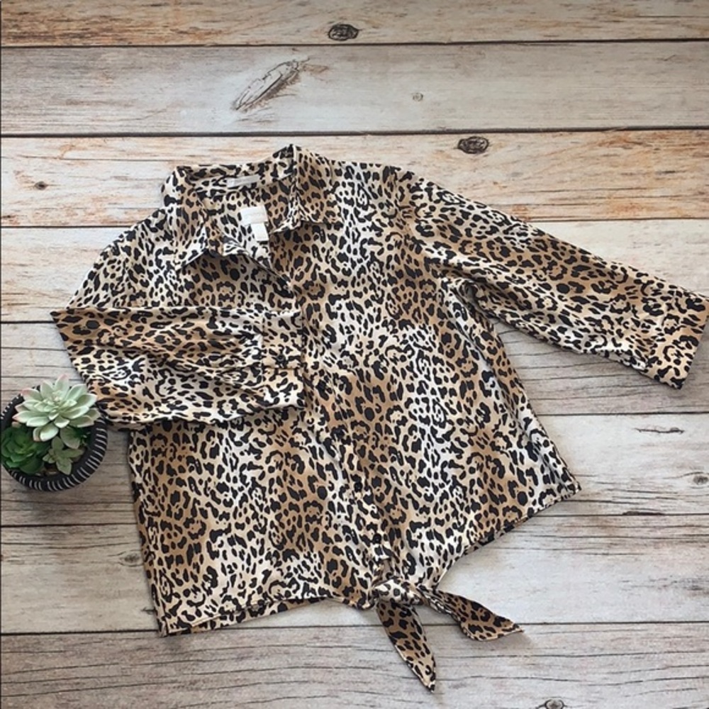 CHICOS animal print tie front button down top